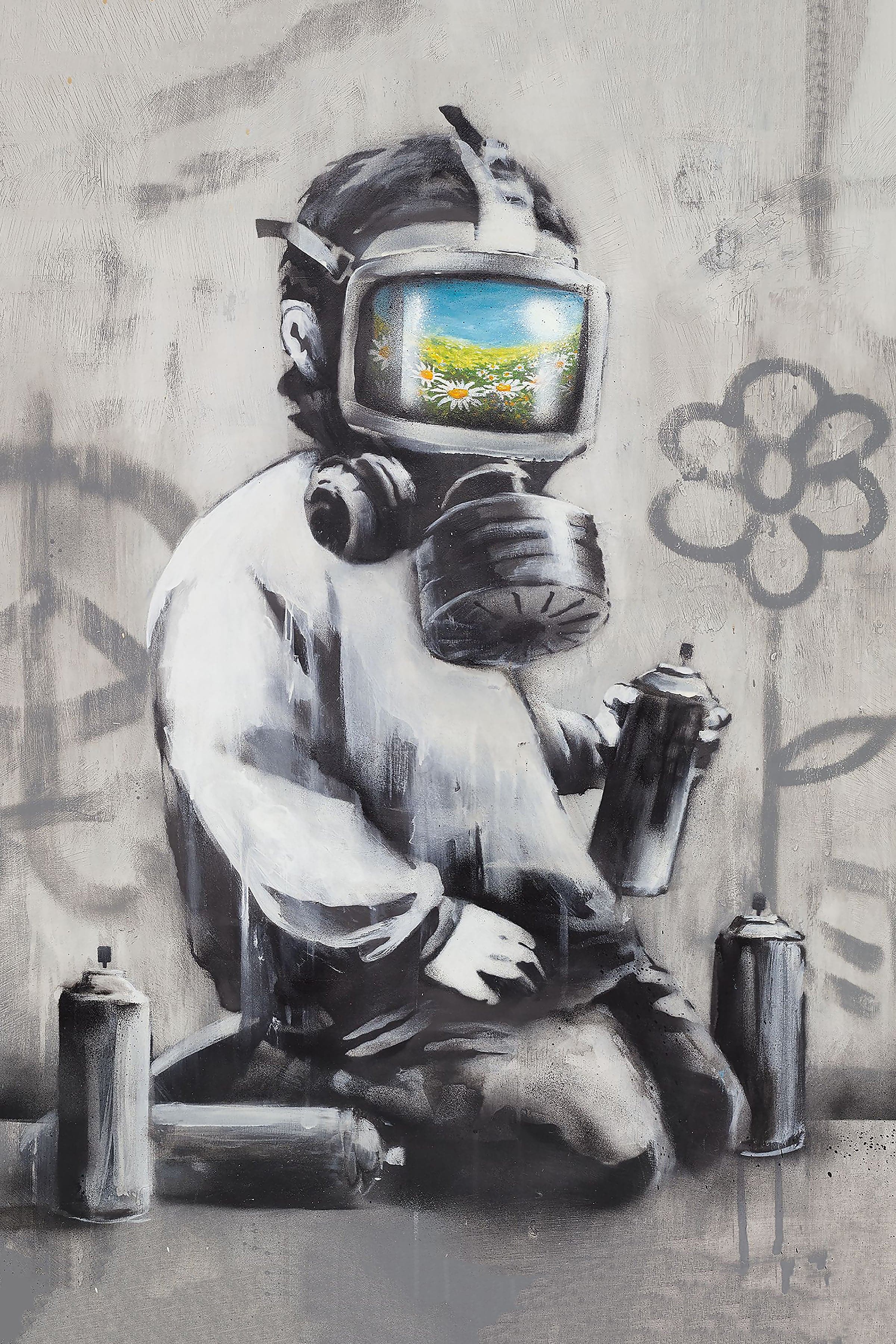 Pine Stretched  Framed 1 Panel - Banksy - Gas Mask Boy