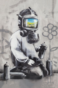 Pine Stretched  Framed 1 Panel - Banksy - Gas Mask Boy