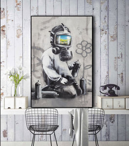 Pine Stretched  Framed 1 Panel - Banksy - Gas Mask Boy