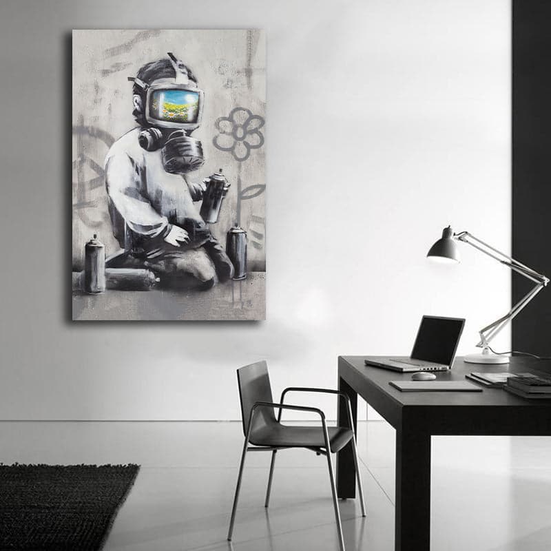 Pine Stretched  Framed 1 Panel - Banksy - Gas Mask Boy