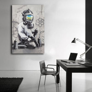 Pine Stretched  Framed 1 Panel - Banksy - Gas Mask Boy