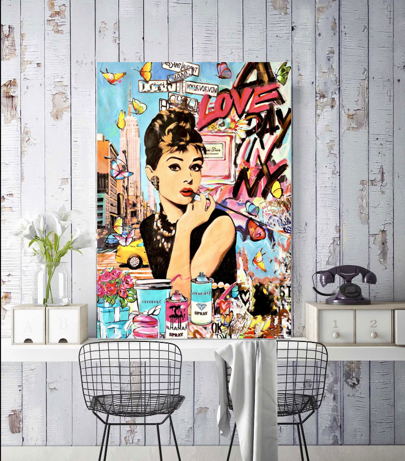 Modern Pop Art Canvas Wall Art Print Poster | Home Decor | Stretched 1 Panel - Audrey Hepburn