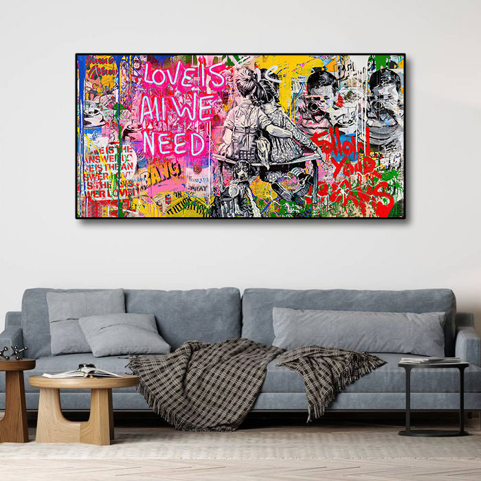 Banksy | Urban Graffiti Canvas Wall Art Print Poster | Home Decor | Stretched 1 Panel - Love is all we need