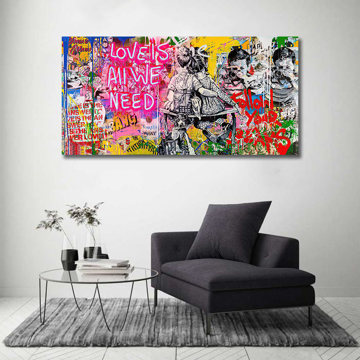 Banksy | Urban Graffiti Canvas Wall Art Print Poster | Home Decor | Stretched 1 Panel - Love is all we need