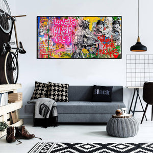 Banksy | Urban Graffiti Canvas Wall Art Print Poster | Home Decor | Stretched 1 Panel - Love is all we need