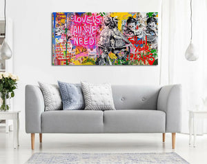 Banksy | Urban Graffiti Canvas Wall Art Print Poster | Home Decor | Stretched 1 Panel - Love is all we need