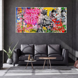 Banksy | Urban Graffiti Canvas Wall Art Print Poster | Home Decor | Stretched 1 Panel - Love is all we need