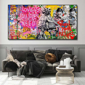 Banksy | Urban Graffiti Canvas Wall Art Print Poster | Home Decor | Stretched 1 Panel - Love is all we need