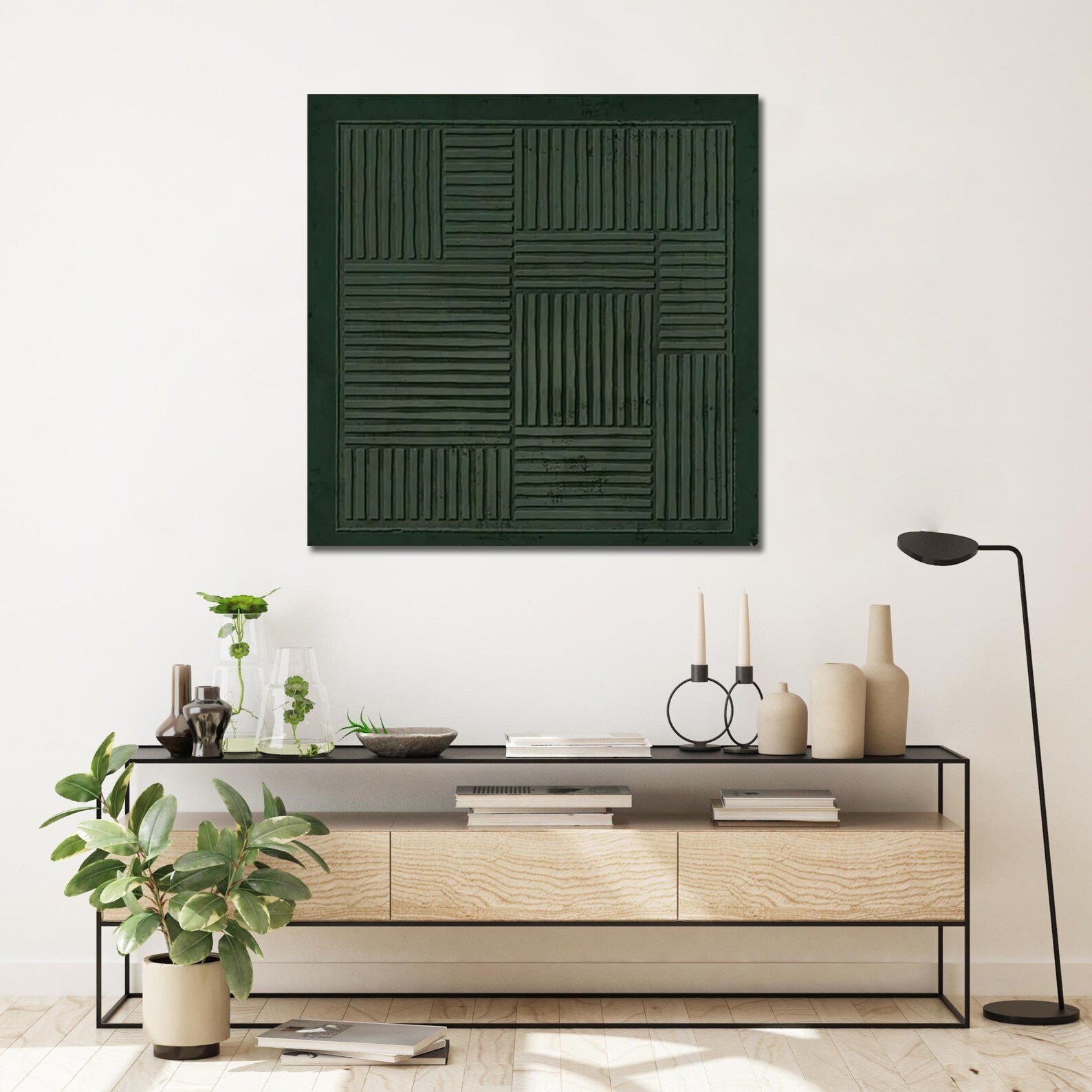 Hand Made Painting Stretched 1 Panel - Green Wabi-Sabi Beige Abstract Texture Wall Art