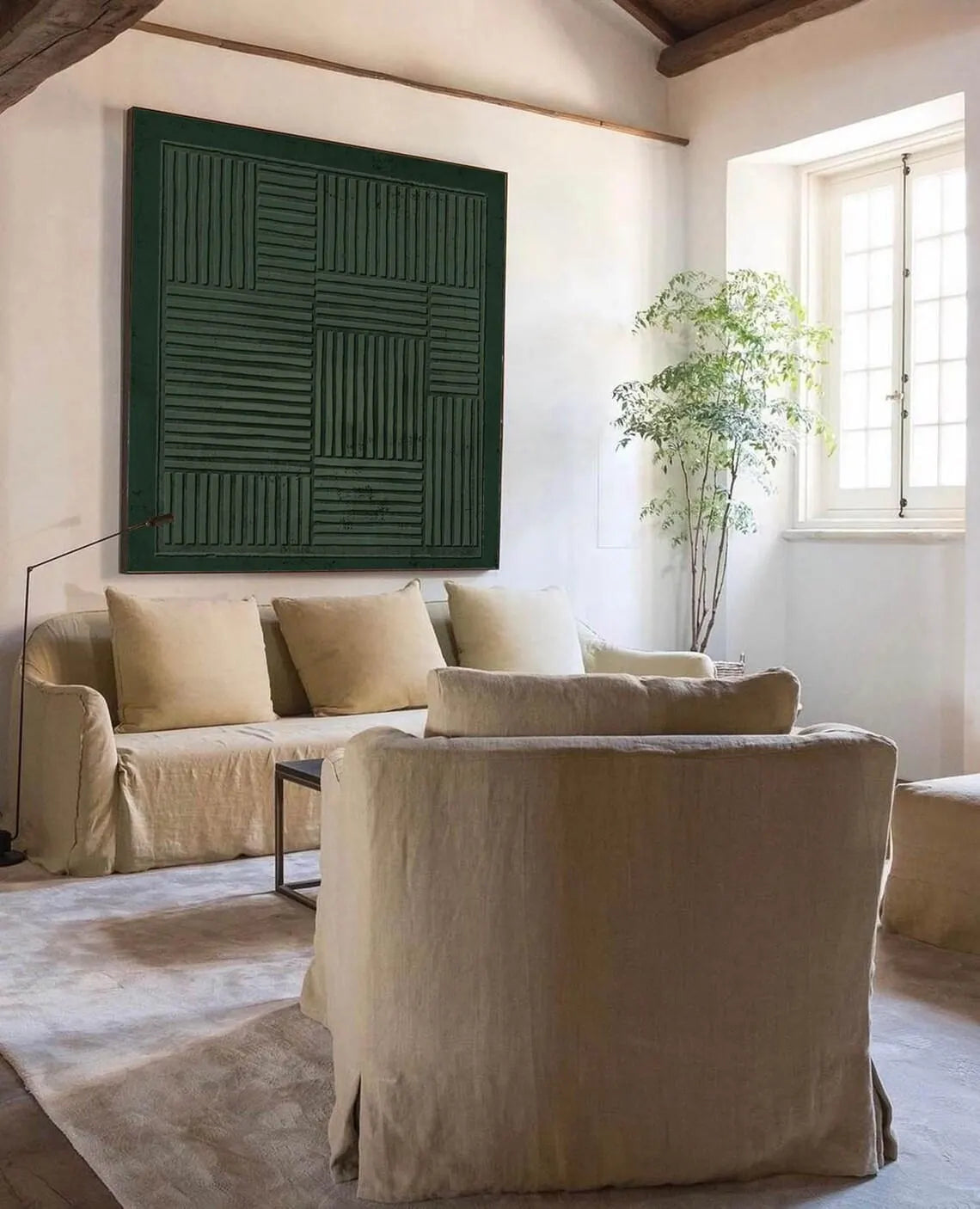 Hand Made Painting Stretched 1 Panel - Green Wabi-Sabi Beige Abstract Texture Wall Art