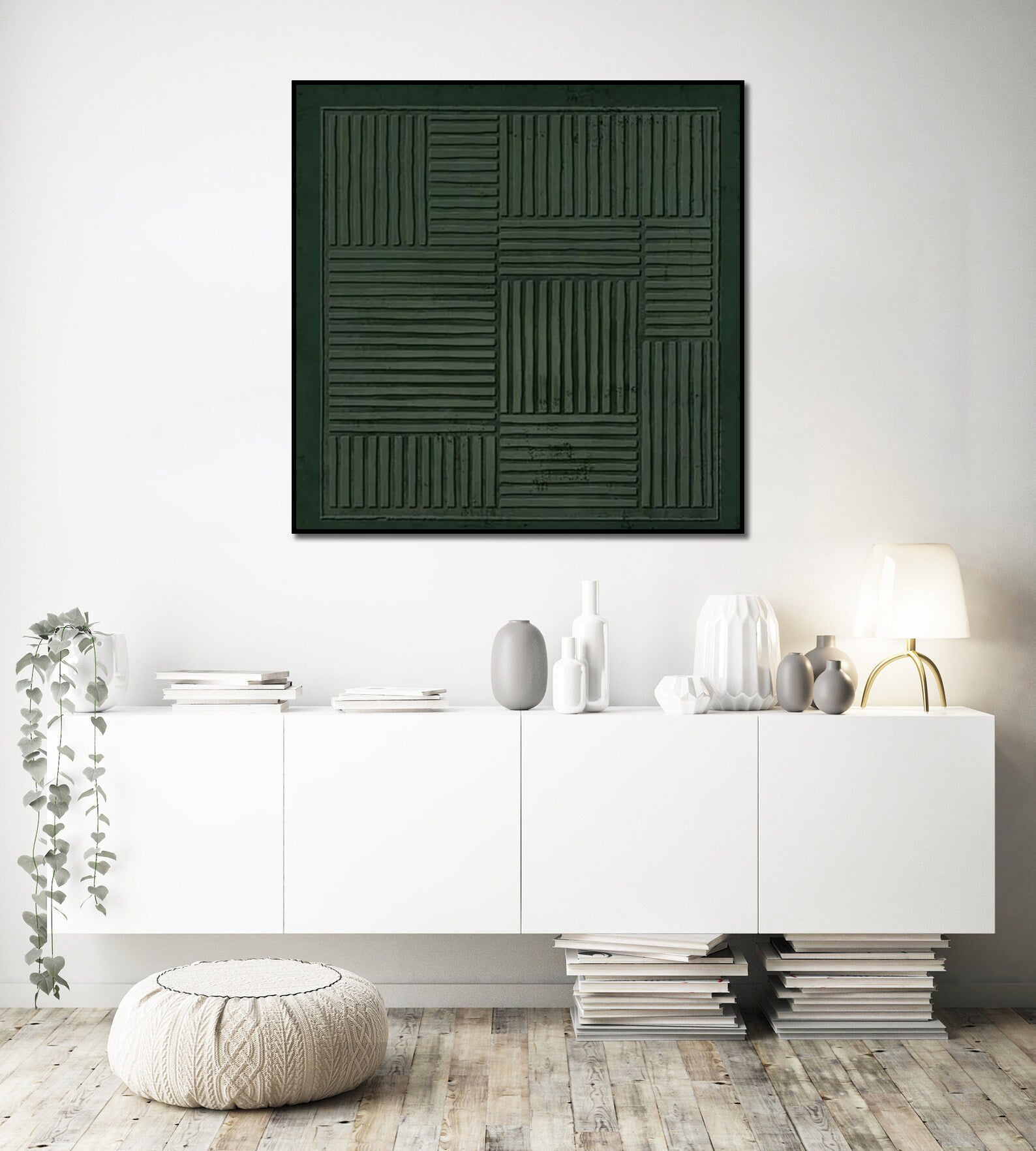 Hand Made Painting Stretched 1 Panel - Green Wabi-Sabi Beige Abstract Texture Wall Art