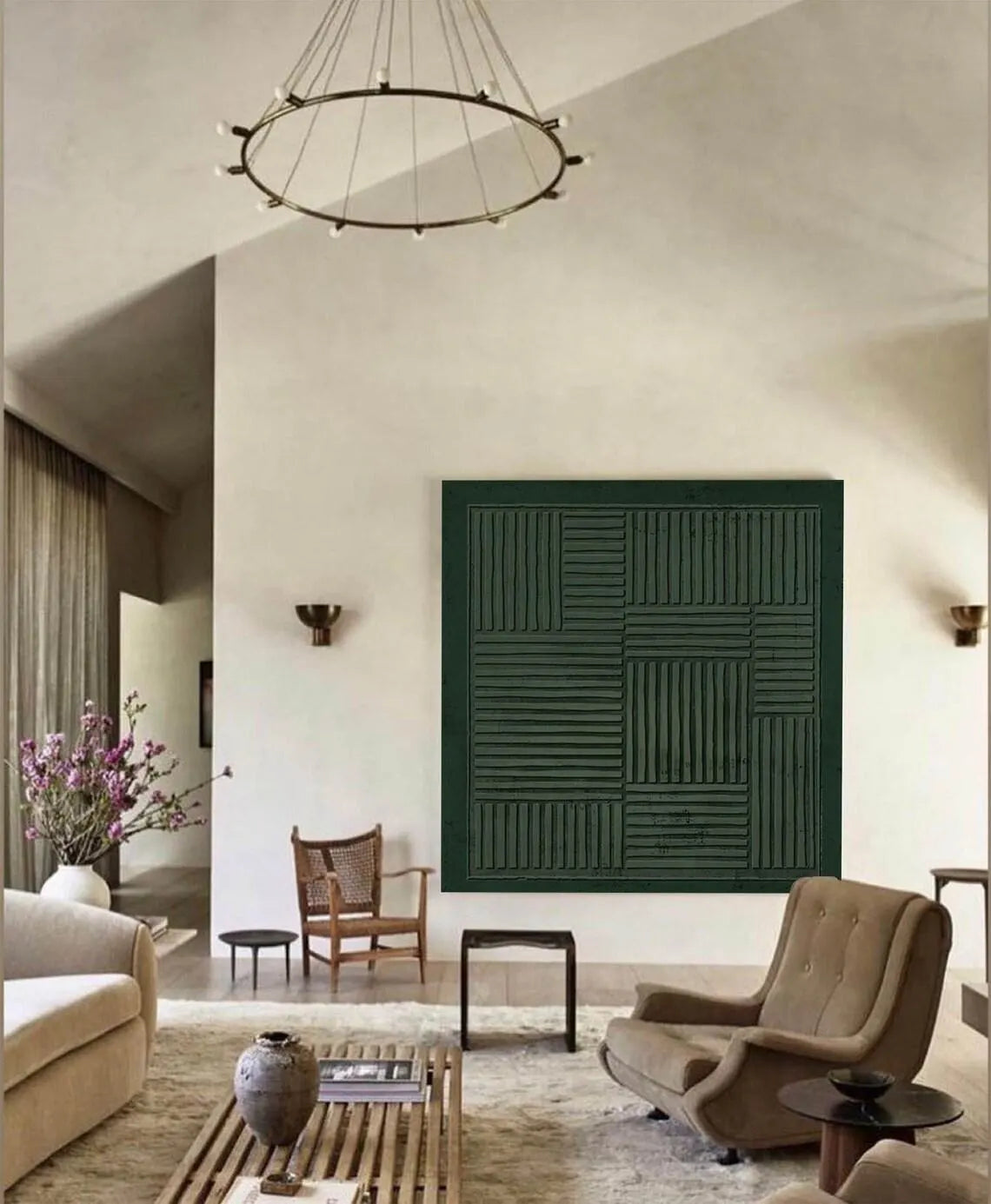 Hand Made Painting Stretched 1 Panel - Green Wabi-Sabi Beige Abstract Texture Wall Art