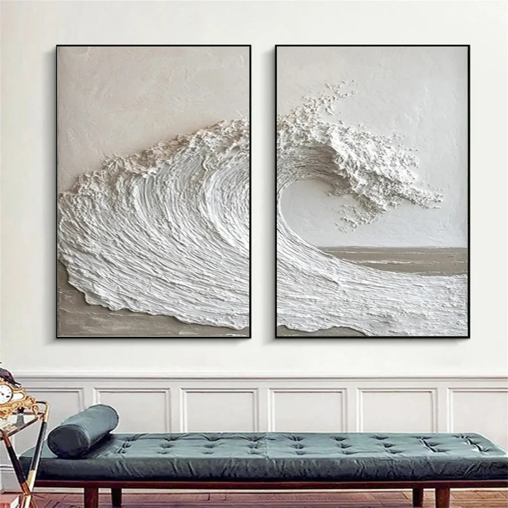 Hand Made Painting Stretched 2 Panels - Elegance of the White Wave