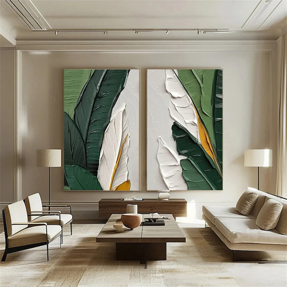 Hand Made Painting Stretched 2 Panels - Modern Textured Tropical Leaf