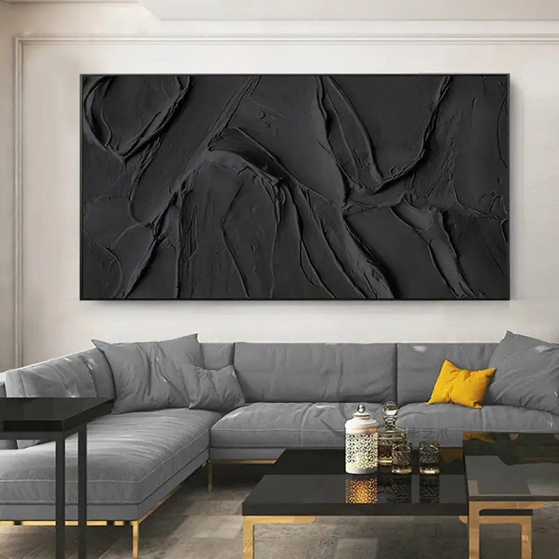 Hand Made Painting Stretched 1 Panel - Black Textured Wall Art
