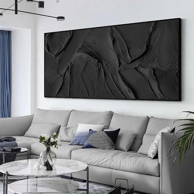 Hand Made Painting Stretched 1 Panel - Black Textured Wall Art