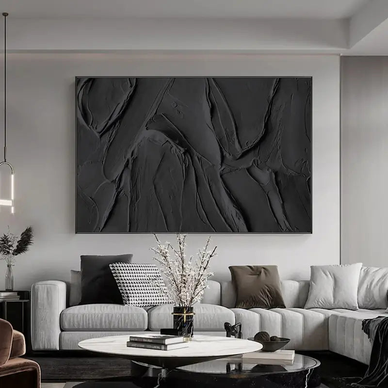 Hand Made Painting Stretched 1 Panel - Black Textured Wall Art