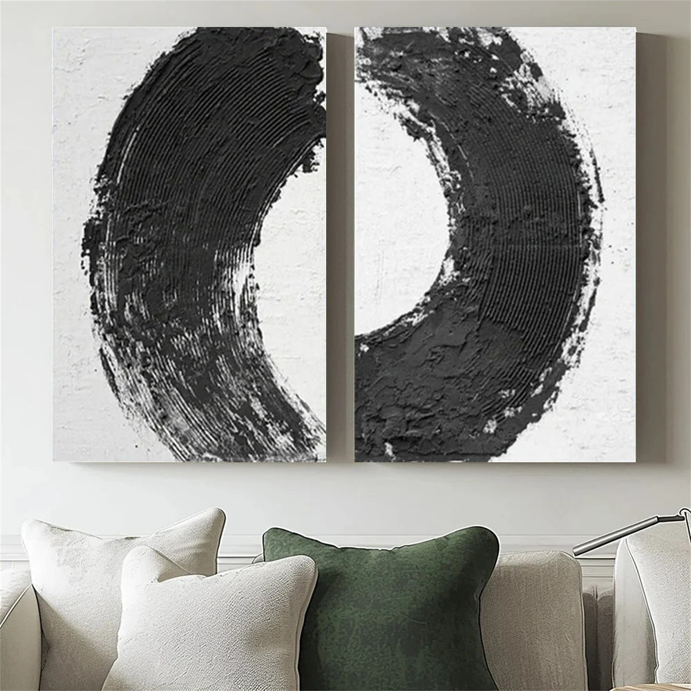 Hand Made Painting Stretched 2 Panels - Black and White Textured Minimalist