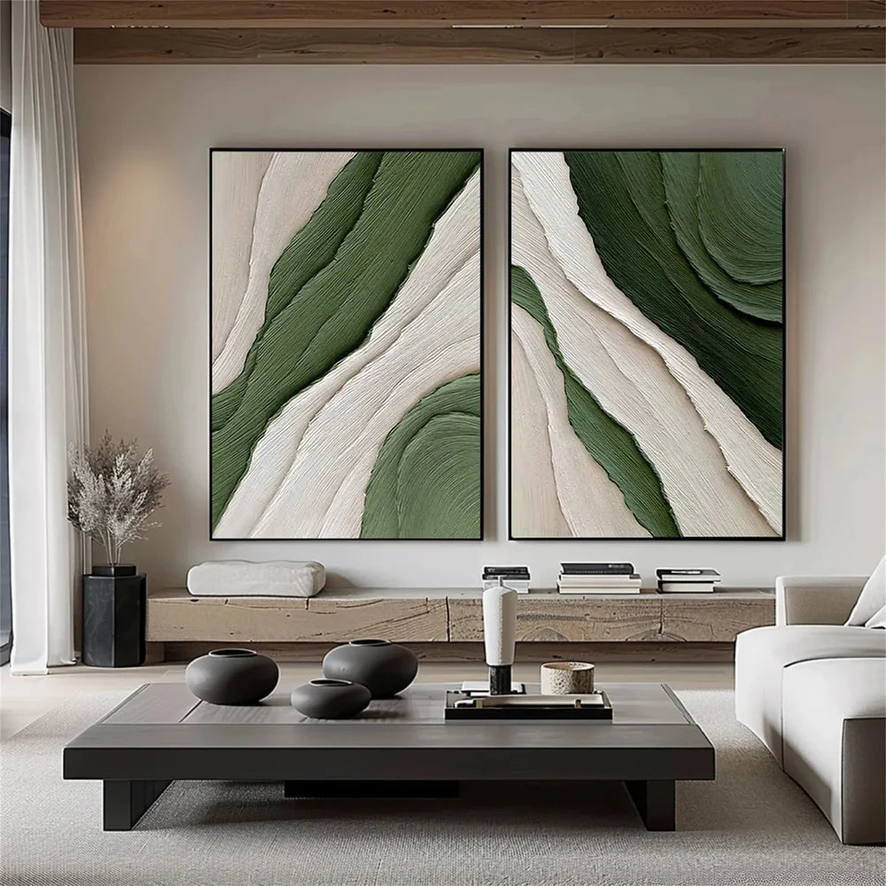 Hand Made Painting Stretched 2 Panels - Green Abstract Textured Minimalist