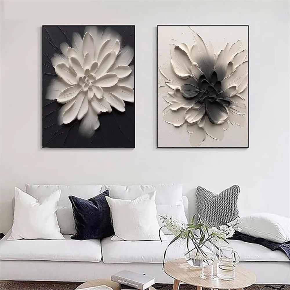 Hand Made Painting Stretched 2 Panels - Black and White Textured Flowers