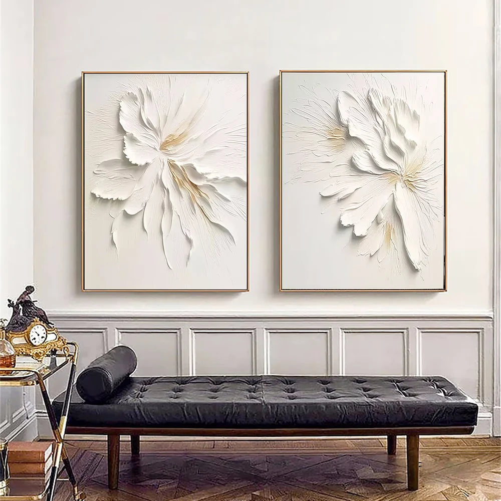 Hand Made Painting Stretched 2 Panels - Textured Flowers