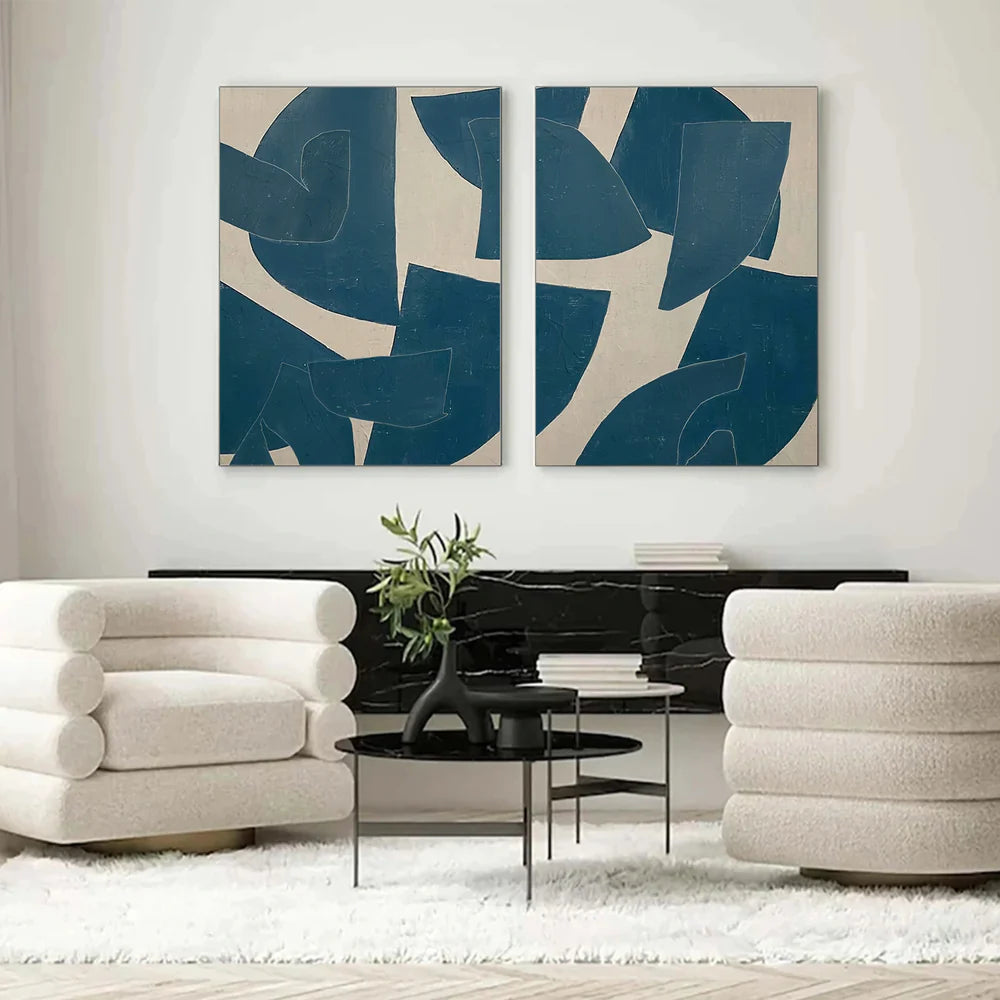 Hand Made Painting Stretched 2 Panels - Blue Minimalist