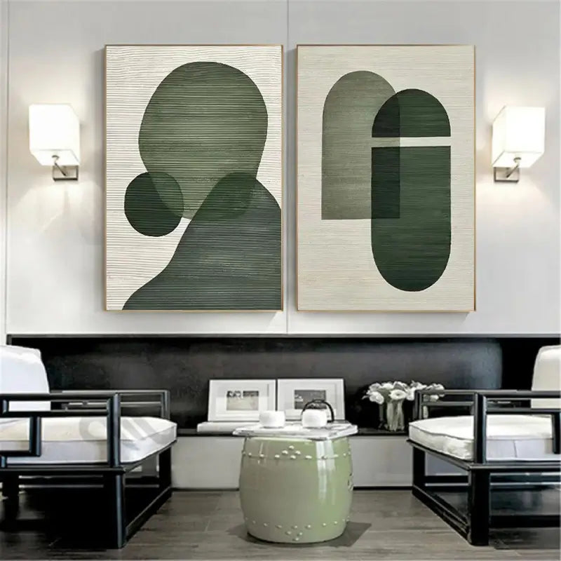 Hand Made Painting Stretched 2 Panels - Green Minimalist