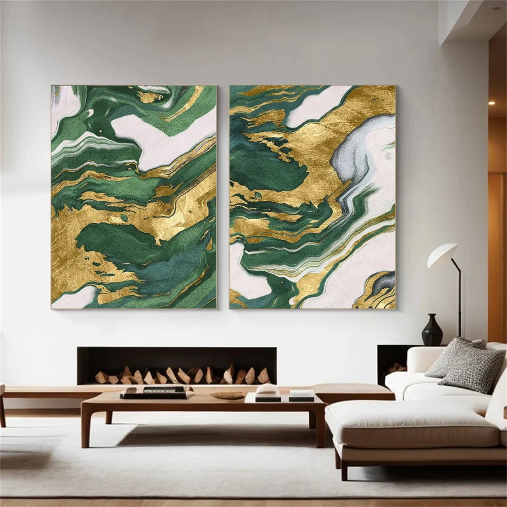 Hand Made Painting Stretched 2 Panels - Marble Abstract