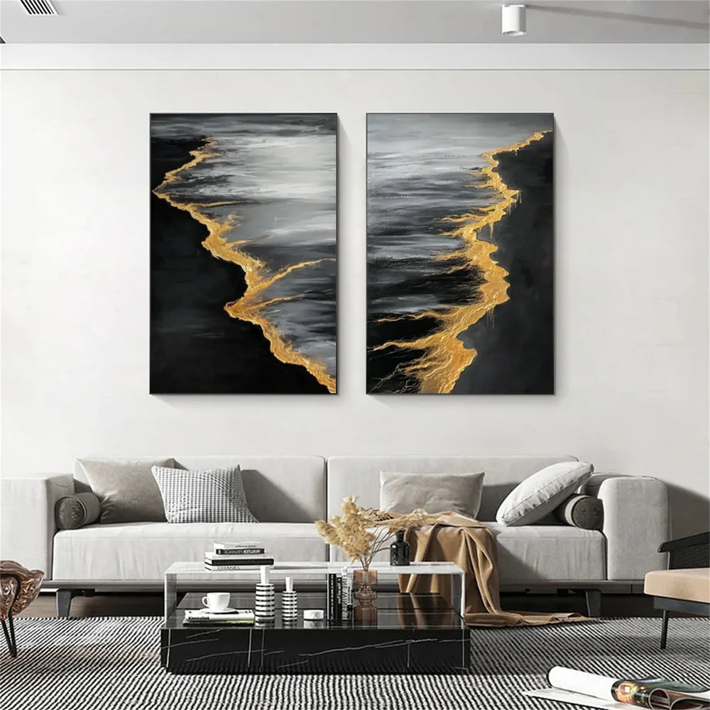 Hand Made Painting Stretched 2 Panels - Golden Waves in the Dark
