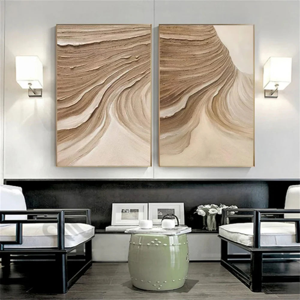 Hand Made Painting Stretched 2 Panels - Textured Beige Dune