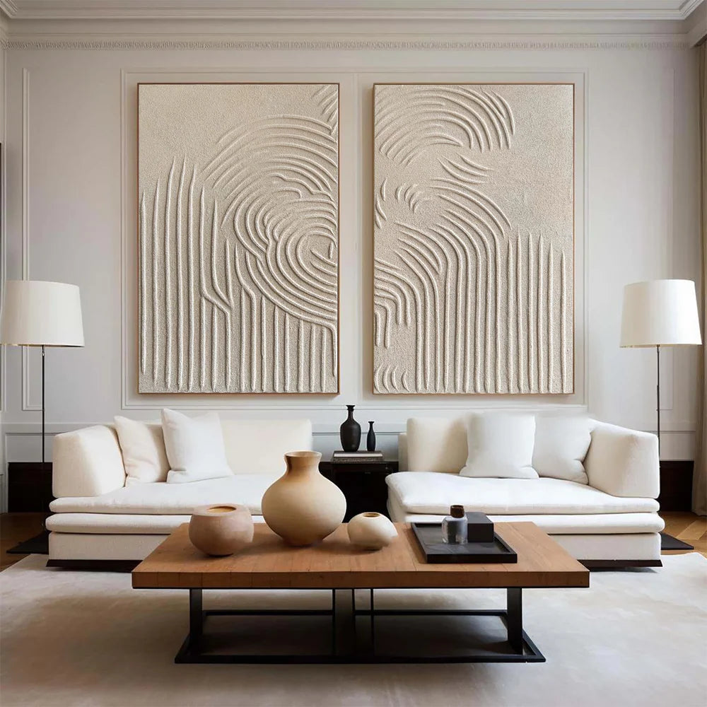 Hand Made Painting Stretched 2 Panels - Minimalist Beige & Brown Abstract