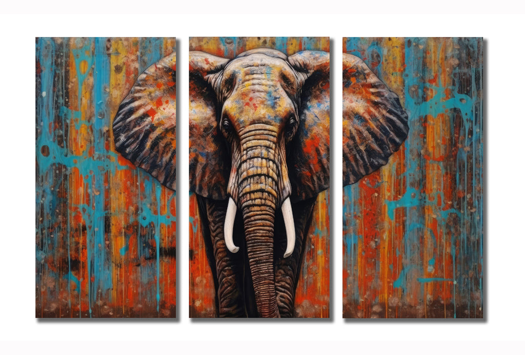 Modern Animal Canvas Wall Art Print Poster | Home Decor | Stretched 3 Panels - Elephant