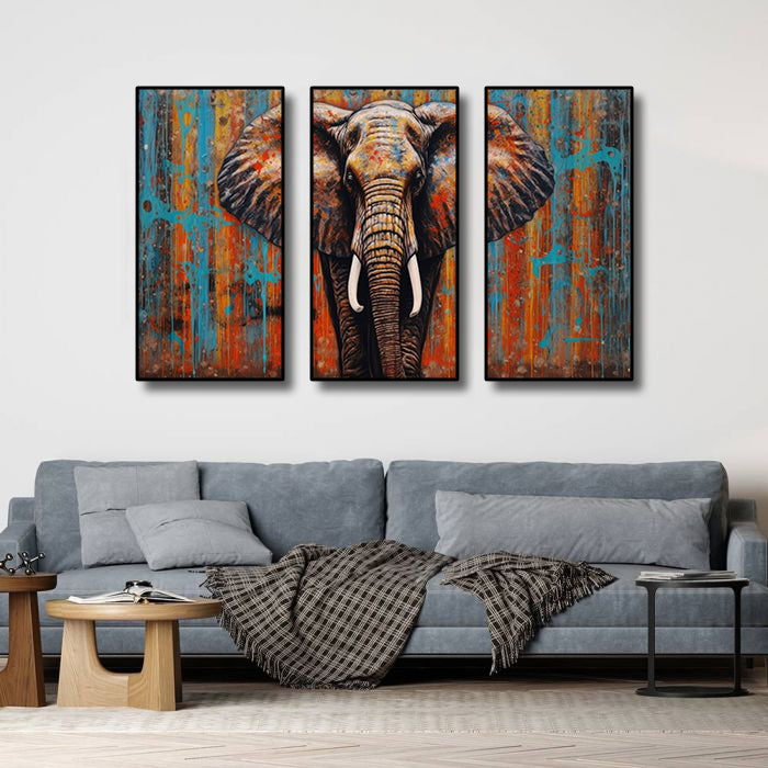 Modern Animal Canvas Wall Art Print Poster | Home Decor | Stretched 3 Panels - Elephant