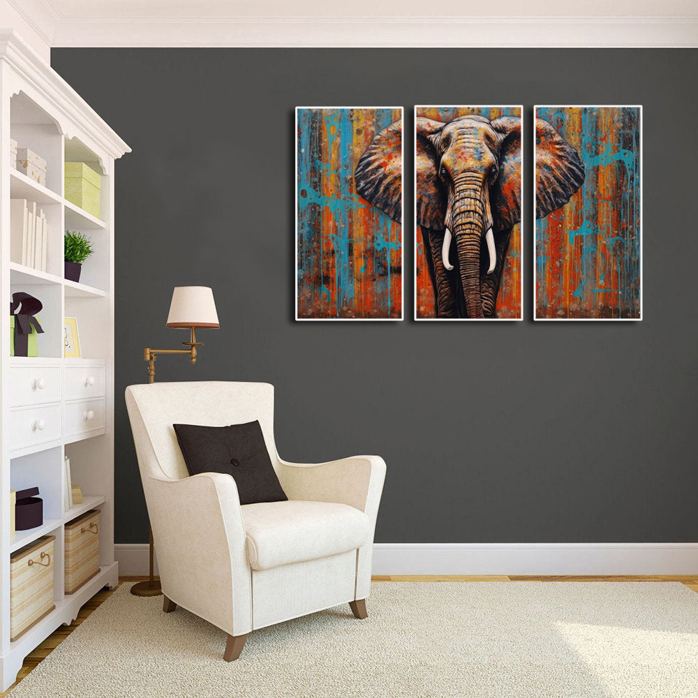 Modern Animal Canvas Wall Art Print Poster | Home Decor | Stretched 3 Panels - Elephant