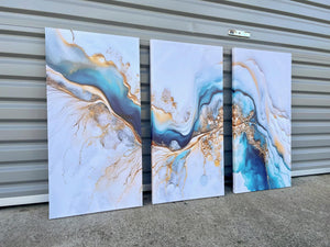 Pine Stretched  Framed 3 Panels - Finished Products - Light Blue Azure Tones with Golden Marble