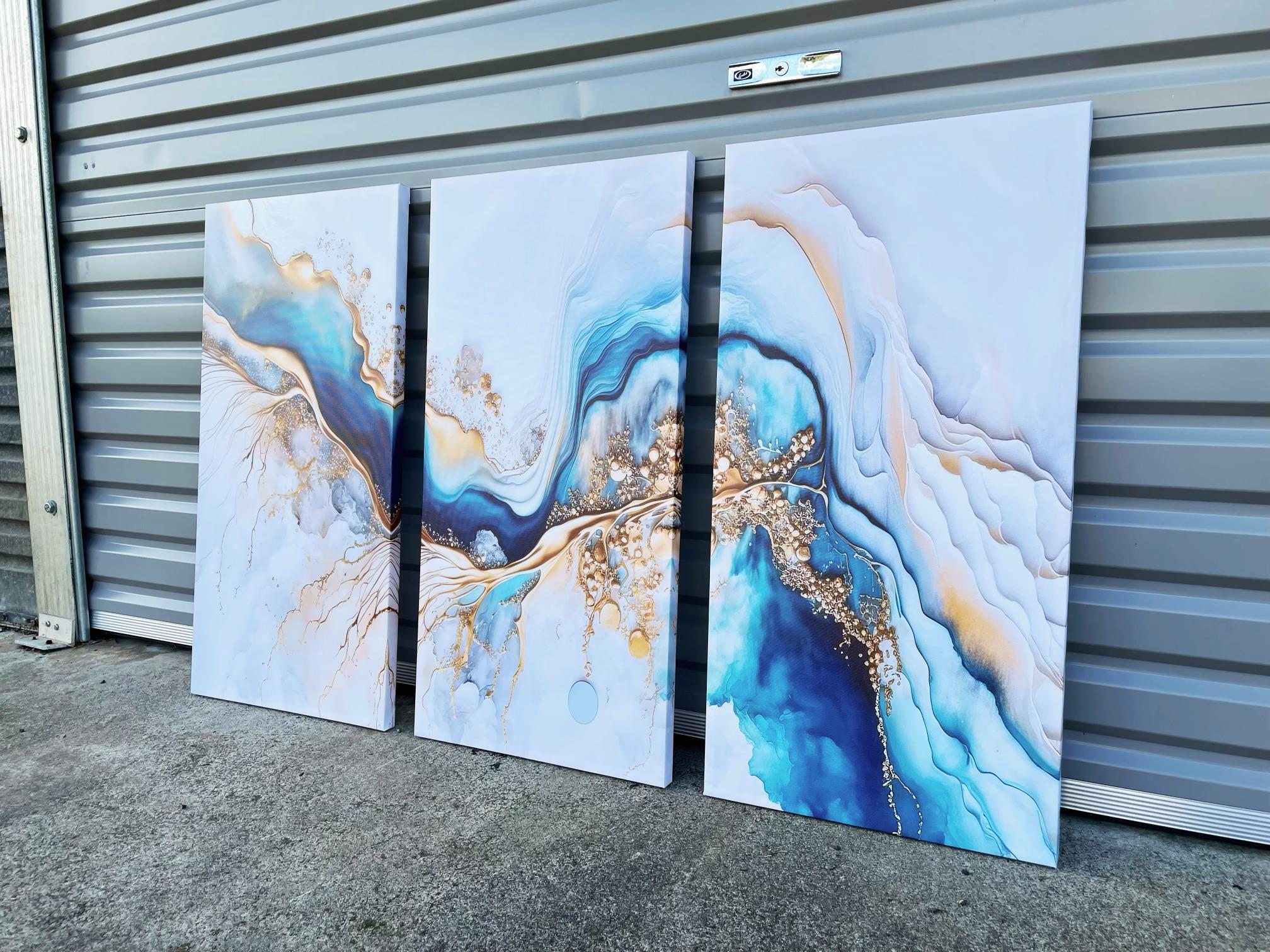 Pine Stretched  Framed 3 Panels - Finished Products - Light Blue Azure Tones with Golden Marble