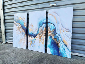 Pine Stretched  Framed 3 Panels - Finished Products - Light Blue Azure Tones with Golden Marble