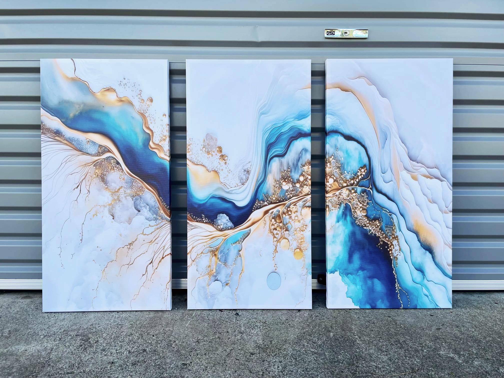 Pine Stretched  Framed 3 Panels - Finished Products - Light Blue Azure Tones with Golden Marble