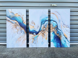Pine Stretched  Framed 3 Panels - Finished Products - Light Blue Azure Tones with Golden Marble