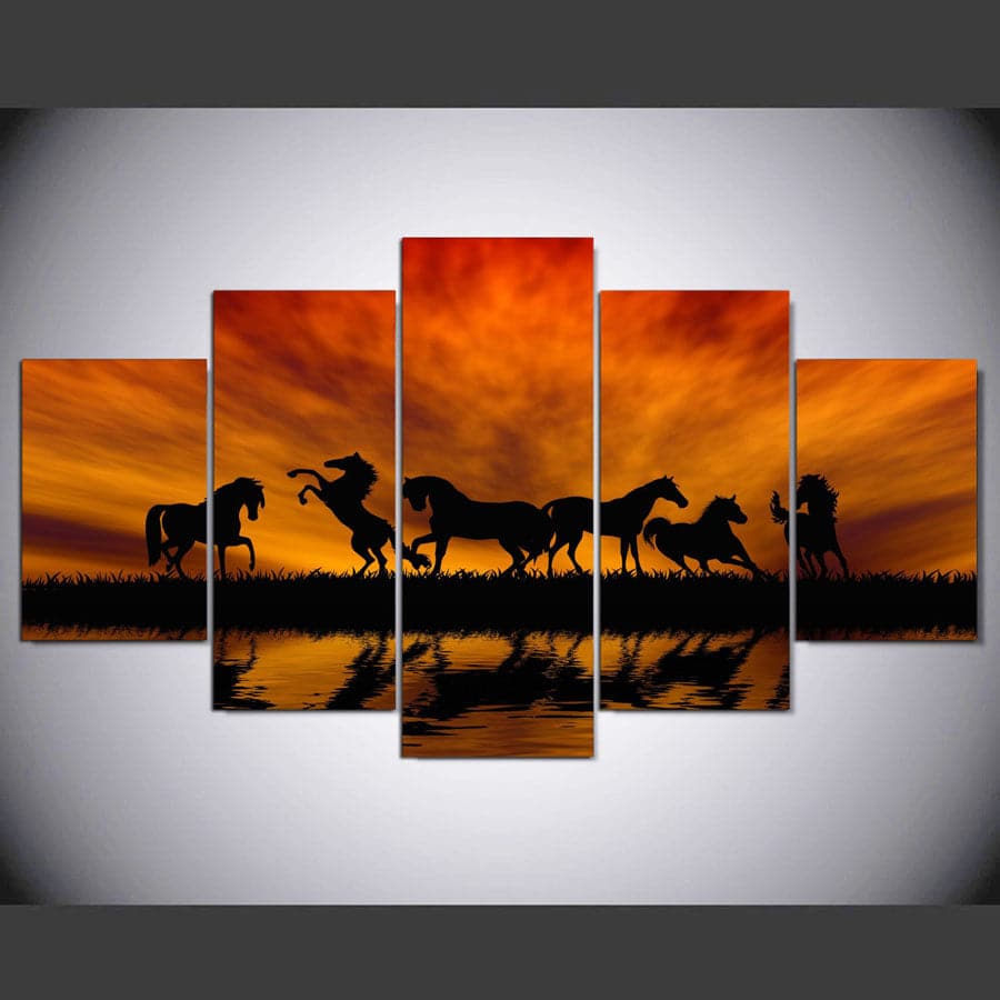 Pine Stretched  Framed 5 Panels - Horses