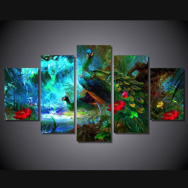 Framed 5 Panels - Peacocks