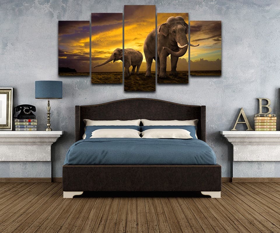 Framed 5 Panels - Elephants
