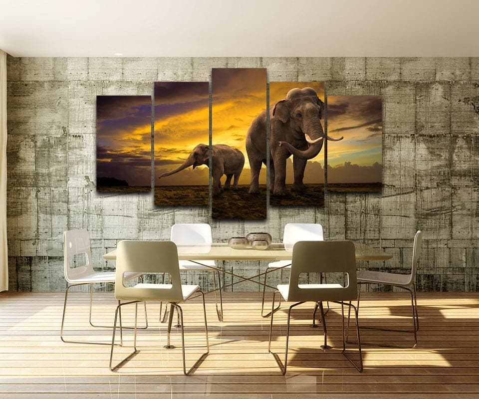 Framed 5 Panels - Elephants