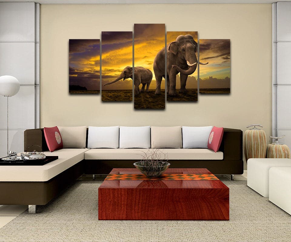 Framed 5 Panels - Elephants