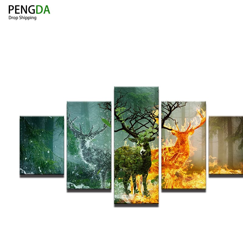 Pine Stretched  Framed 5 Panels - Deer
