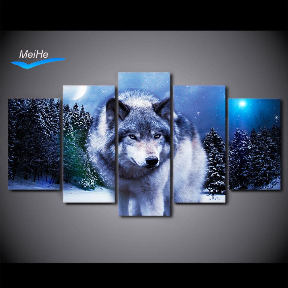 Pine Stretched  Framed 5 Panels - Wolf