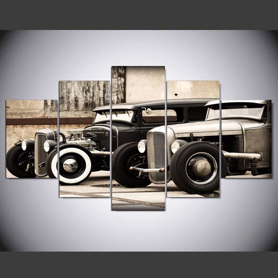 Pine Stretched  Framed 5 Panels - Classic Cars