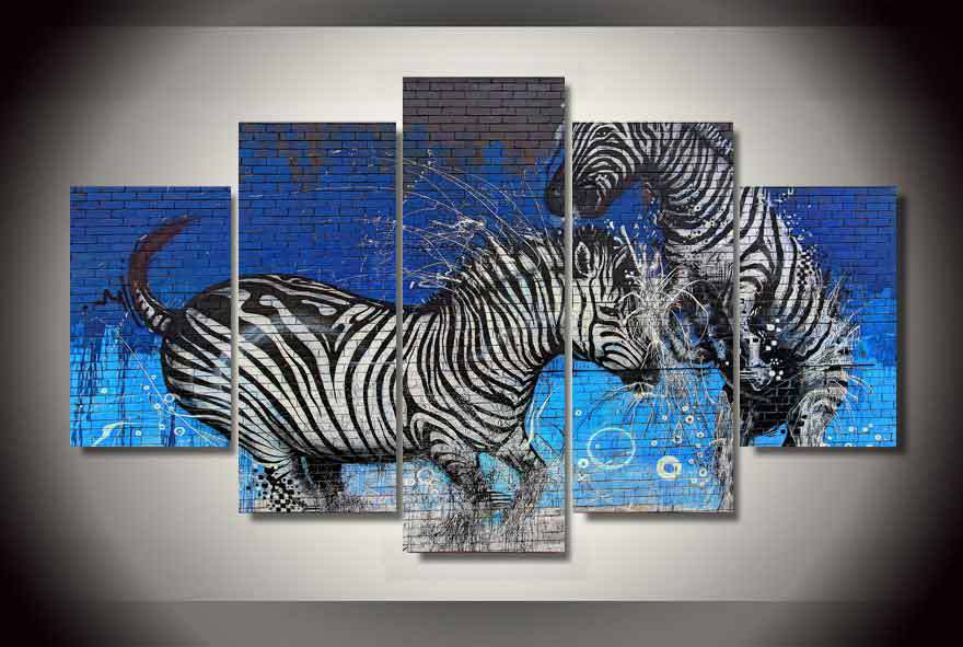 Pine Stretched  Framed 5 Panels - Zebras