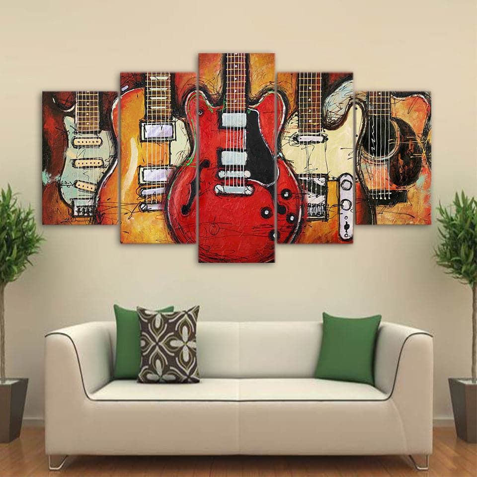 Pine Stretched  Framed 5 Panels - Guitars