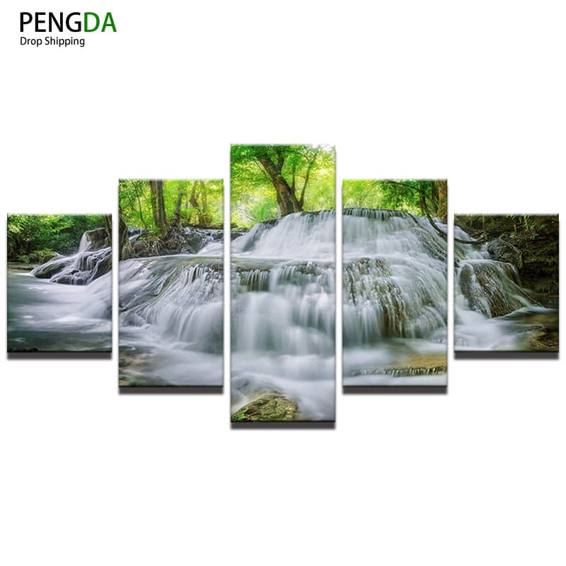 Pine Stretched  Framed 5 Panels - Water Fall